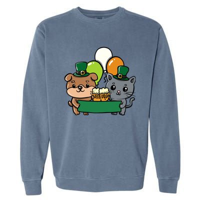 St Patrick's Day Cute Dog Cat And Beer Luck Cloverleaf Gift Garment-Dyed Sweatshirt