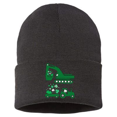 St Pattys Day Truck Vehicles Front Loader And Excavator Sustainable Knit Beanie