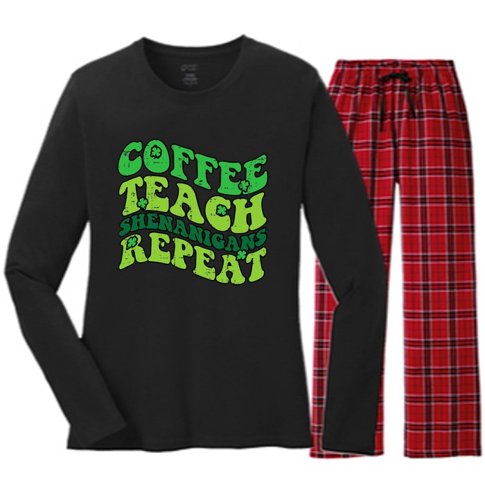 St Patricks Day Coffee Teach Saint Paddys Teacher Women's Long Sleeve Flannel Pajama Set 