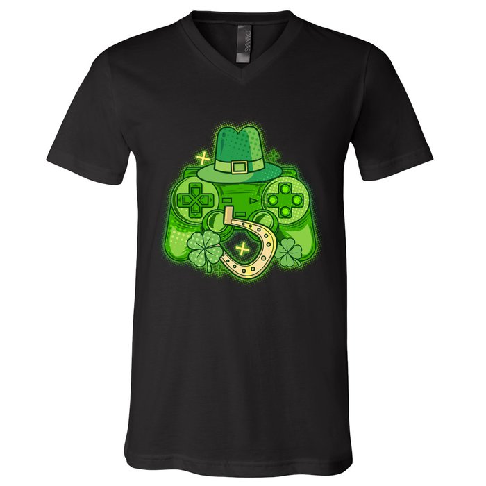 St Patricks Day Lucky Video Game Controller V-Neck T-Shirt