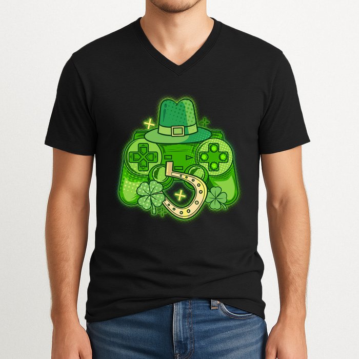 St Patricks Day Lucky Video Game Controller V-Neck T-Shirt