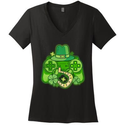 St Patricks Day Lucky Video Game Controller Women's V-Neck T-Shirt