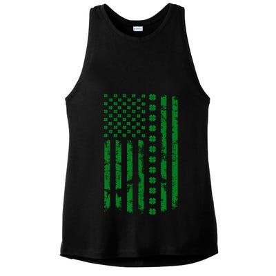 St Patrick's Day Distressed American Flag Shamrock Ladies PosiCharge Tri-Blend Wicking Tank