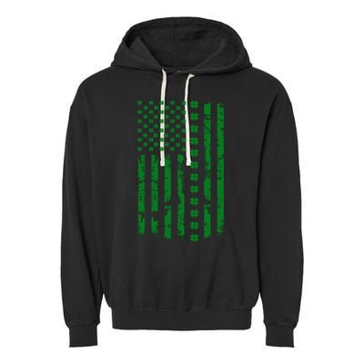 St Patrick's Day Distressed American Flag Shamrock Garment-Dyed Fleece Hoodie