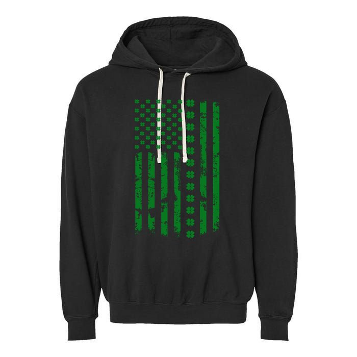 St Patrick's Day Distressed American Flag Shamrock Garment-Dyed Fleece Hoodie