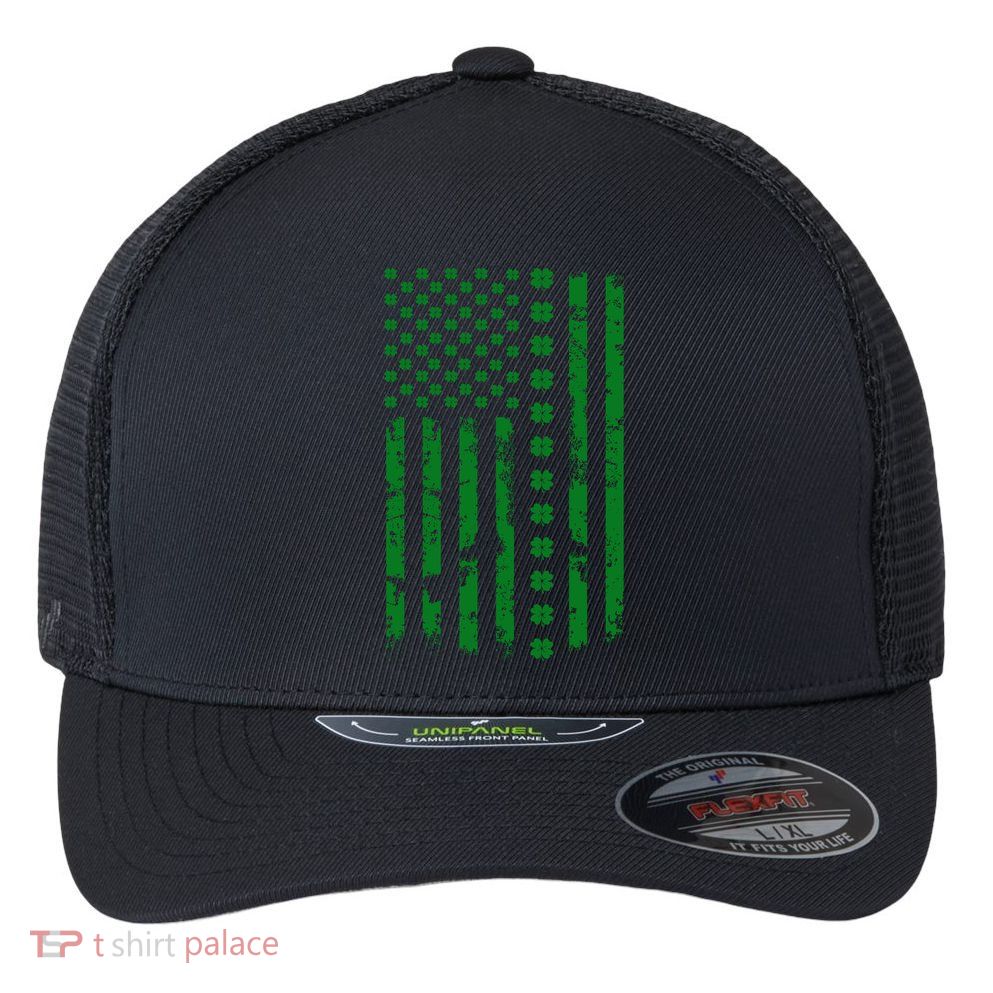 St Patrick's Day Distressed American Flag Shamrock Flexfit Unipanel Trucker Cap