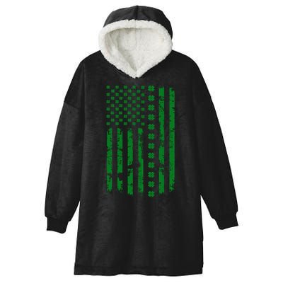 St Patrick's Day Distressed American Flag Shamrock Hooded Wearable Blanket