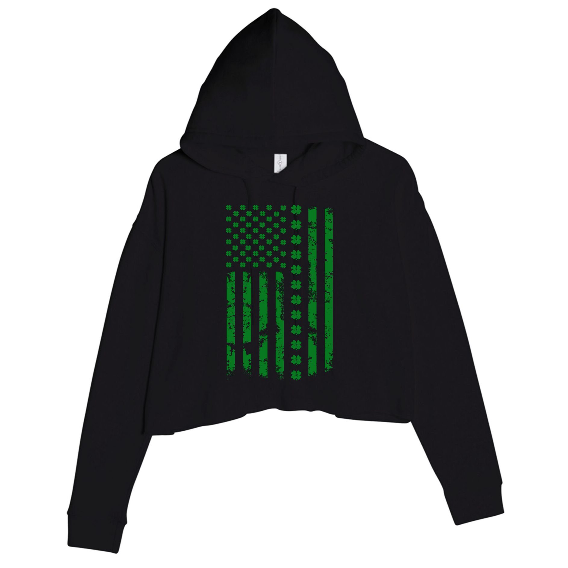 St Patrick's Day Distressed American Flag Shamrock Crop Fleece Hoodie