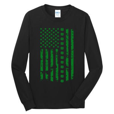 St Patrick's Day Distressed American Flag Shamrock Tall Long Sleeve T-Shirt