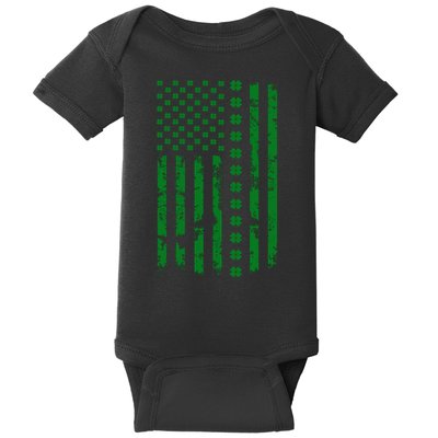 St Patrick's Day Distressed American Flag Shamrock Baby Bodysuit