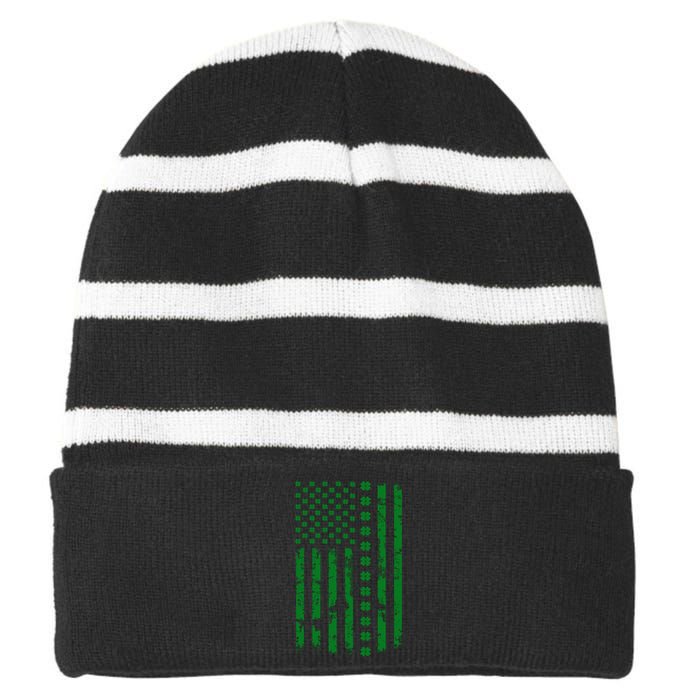 St Patrick's Day Distressed American Flag Shamrock Striped Beanie with Solid Band