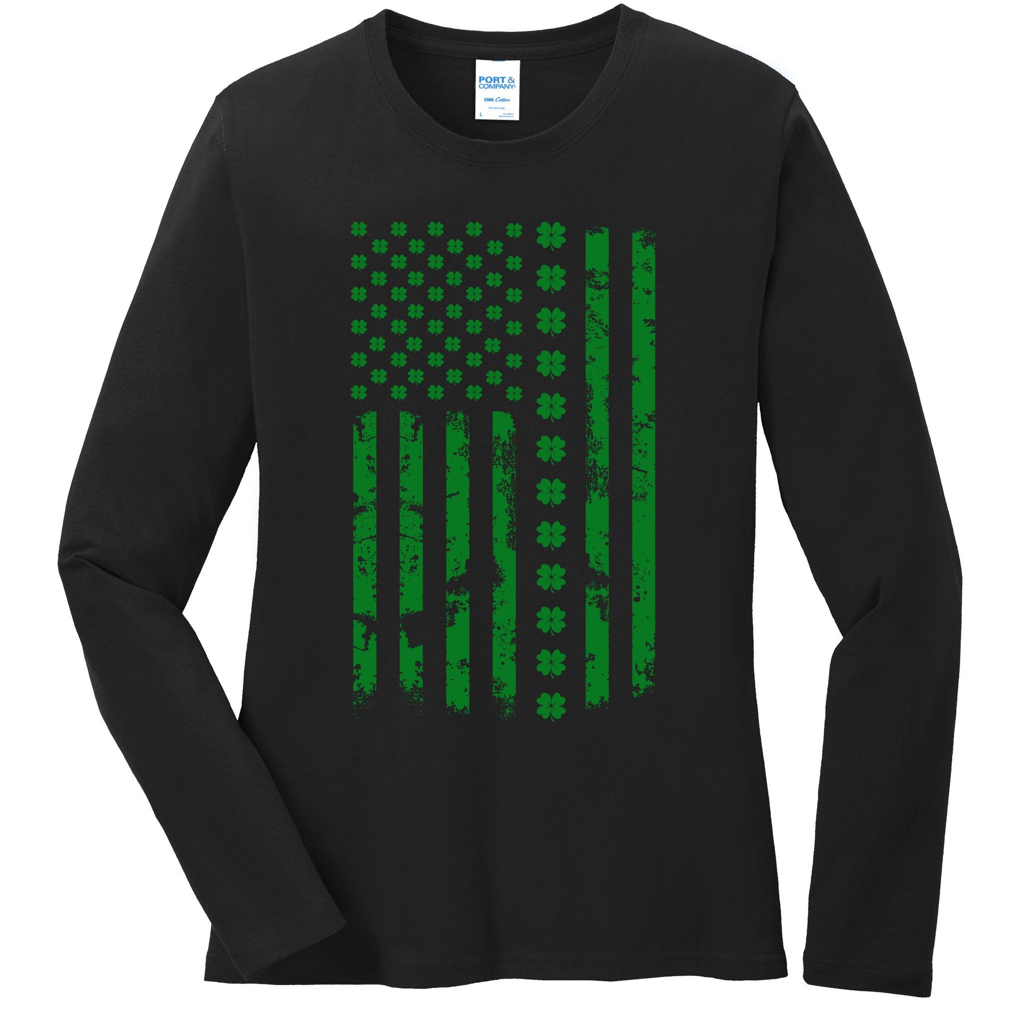 St Patrick's Day Distressed American Flag Shamrock Ladies Long Sleeve Shirt
