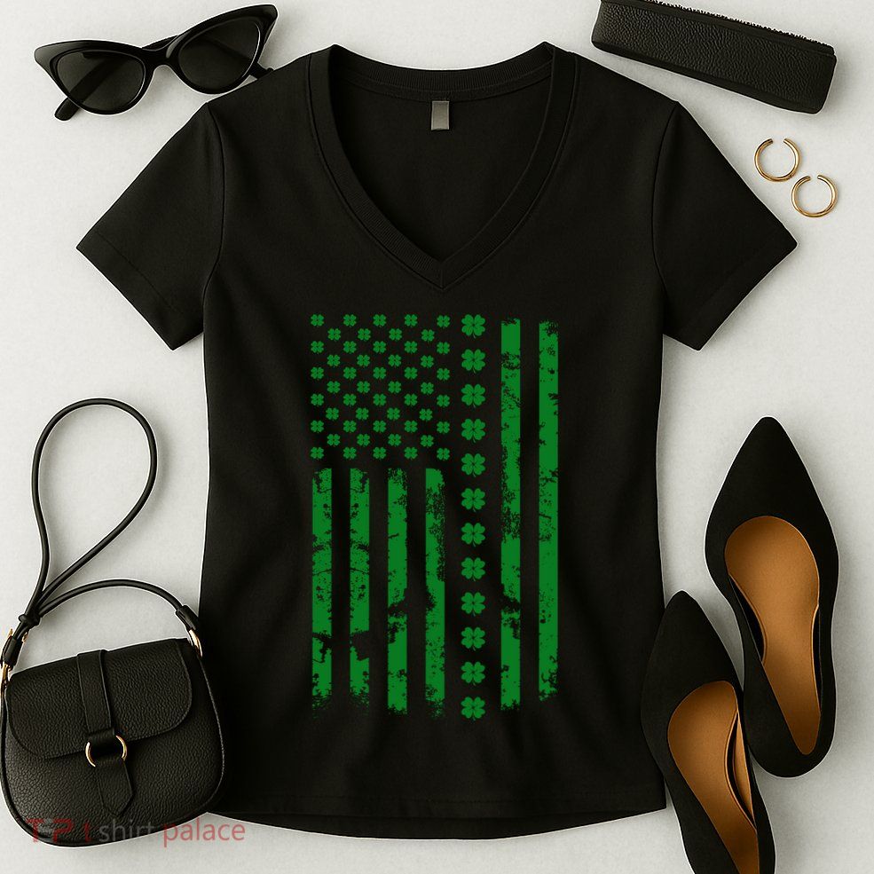 St Patrick's Day Distressed American Flag Shamrock Women's V-Neck T-Shirt