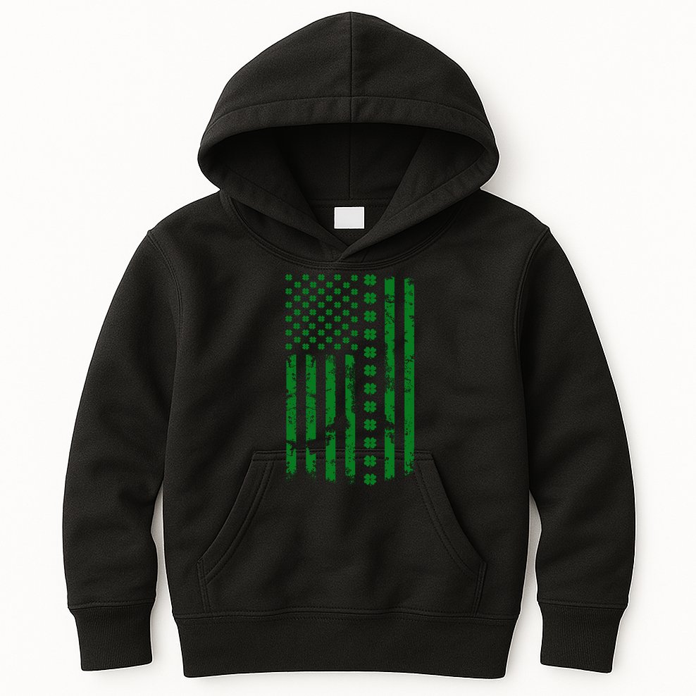 St Patrick's Day Distressed American Flag Shamrock Kids Hoodie