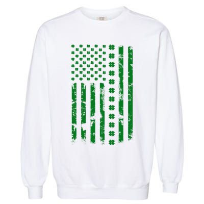 St Patrick's Day Distressed American Flag Shamrock Garment-Dyed Sweatshirt