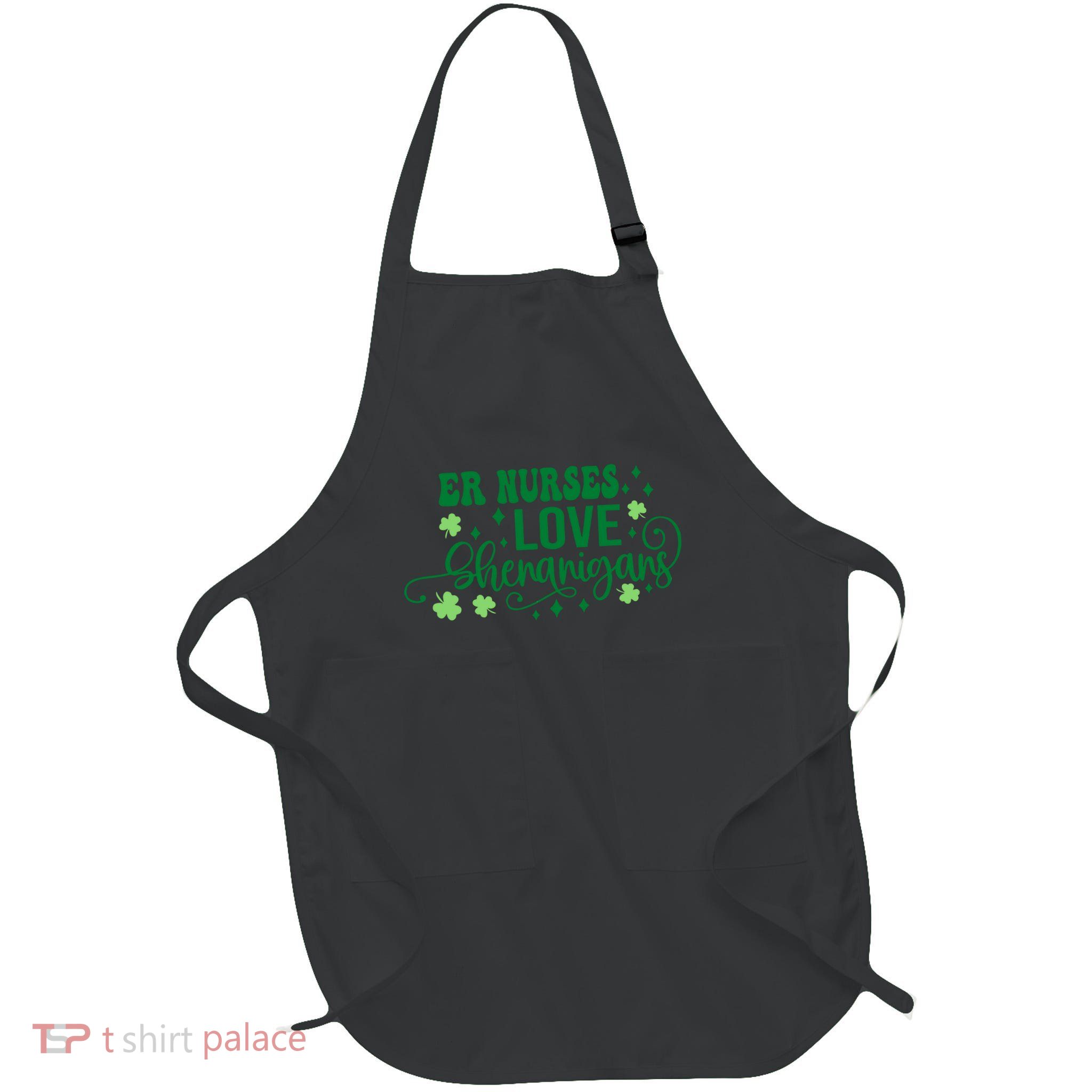 St Patricks Day ER Nurses Love Shenanigans Irish Shamrock Full-Length Apron With Pockets