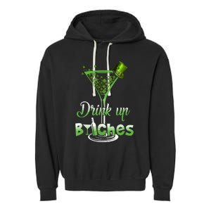 St Patricks Day Shamrock Wine Glass Drink Up Garment-Dyed Fleece Hoodie