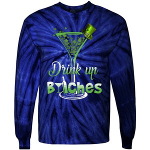 St Patricks Day Shamrock Wine Glass Drink Up Tie-Dye Long Sleeve Shirt