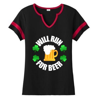 St Patricks Day Will Run For Beer Funny 4 Leaf Irish Gift Ladies Halftime Notch Neck Tee