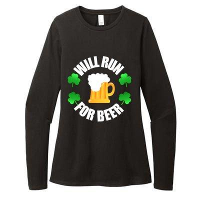 St Patricks Day Will Run For Beer Funny 4 Leaf Irish Gift Womens CVC Long Sleeve Shirt