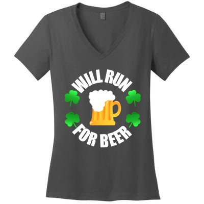 St Patricks Day Will Run For Beer Funny 4 Leaf Irish Gift Women's V-Neck T-Shirt