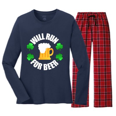 St Patricks Day Will Run For Beer Funny 4 Leaf Irish Gift Women's Long Sleeve Flannel Pajama Set 