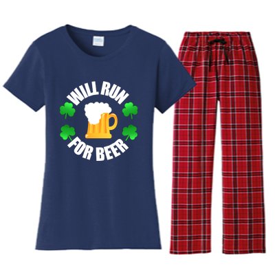 St Patricks Day Will Run For Beer Funny 4 Leaf Irish Gift Women's Flannel Pajama Set