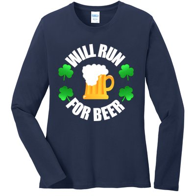 St Patricks Day Will Run For Beer Funny 4 Leaf Irish Gift Ladies Long Sleeve Shirt