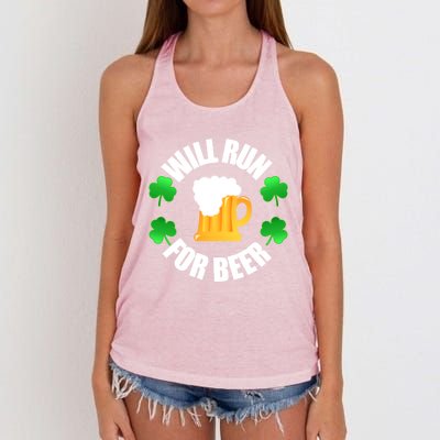 St Patricks Day Will Run For Beer Funny 4 Leaf Irish Gift Women's Knotted Racerback Tank