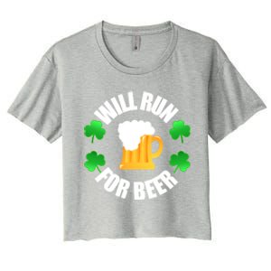 St Patricks Day Will Run For Beer Funny 4 Leaf Irish Gift Women's Crop Top Tee