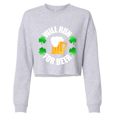 St Patricks Day Will Run For Beer Funny 4 Leaf Irish Gift Cropped Pullover Crew