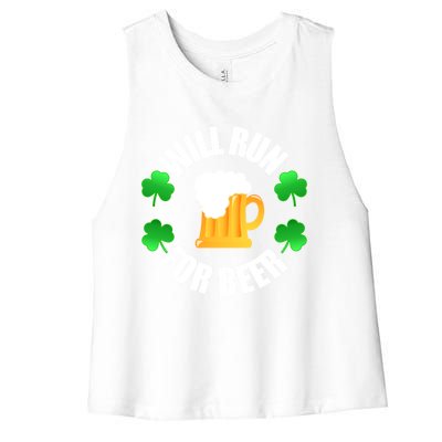 St Patricks Day Will Run For Beer Funny 4 Leaf Irish Gift Women's Racerback Cropped Tank