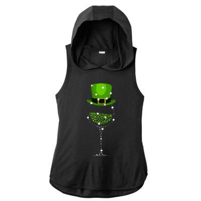 St Patricks Day Shamrock Wine Glass Ladies PosiCharge Tri-Blend Wicking Draft Hoodie Tank