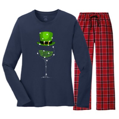 St Patricks Day Shamrock Wine Glass Women's Long Sleeve Flannel Pajama Set 