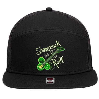 St Pats Day Irish Shamrock Roll Clover Guitar Music 7 Panel Mesh Trucker Snapback Hat