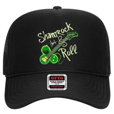 St Pats Day Irish Shamrock Roll Clover Guitar Music High Crown Mesh Back Trucker Hat