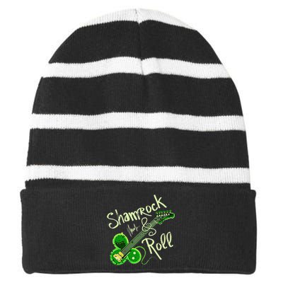 St Pats Day Irish Shamrock Roll Clover Guitar Music Striped Beanie with Solid Band