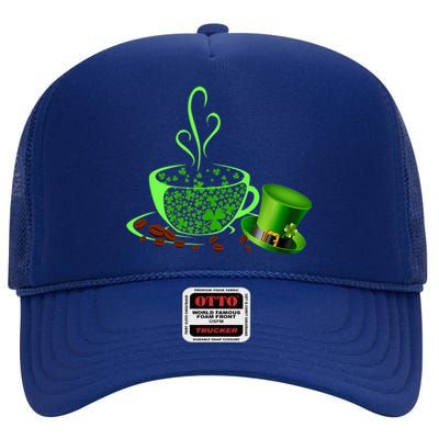 St Patrick's Day Coffee Lover Lucky Latte Irish Shamrock High Crown Mesh Back Trucker Hat