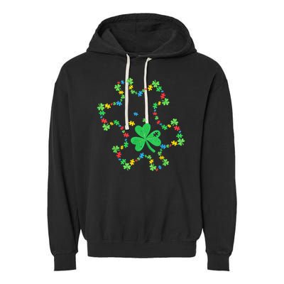 St. Patrick'S Day Autism Awareness Puzzle Piece Shamrock Garment-Dyed Fleece Hoodie