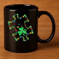 St. Patrick'S Day Autism Awareness Puzzle Piece Shamrock 11oz C Handle Ceramic Mug