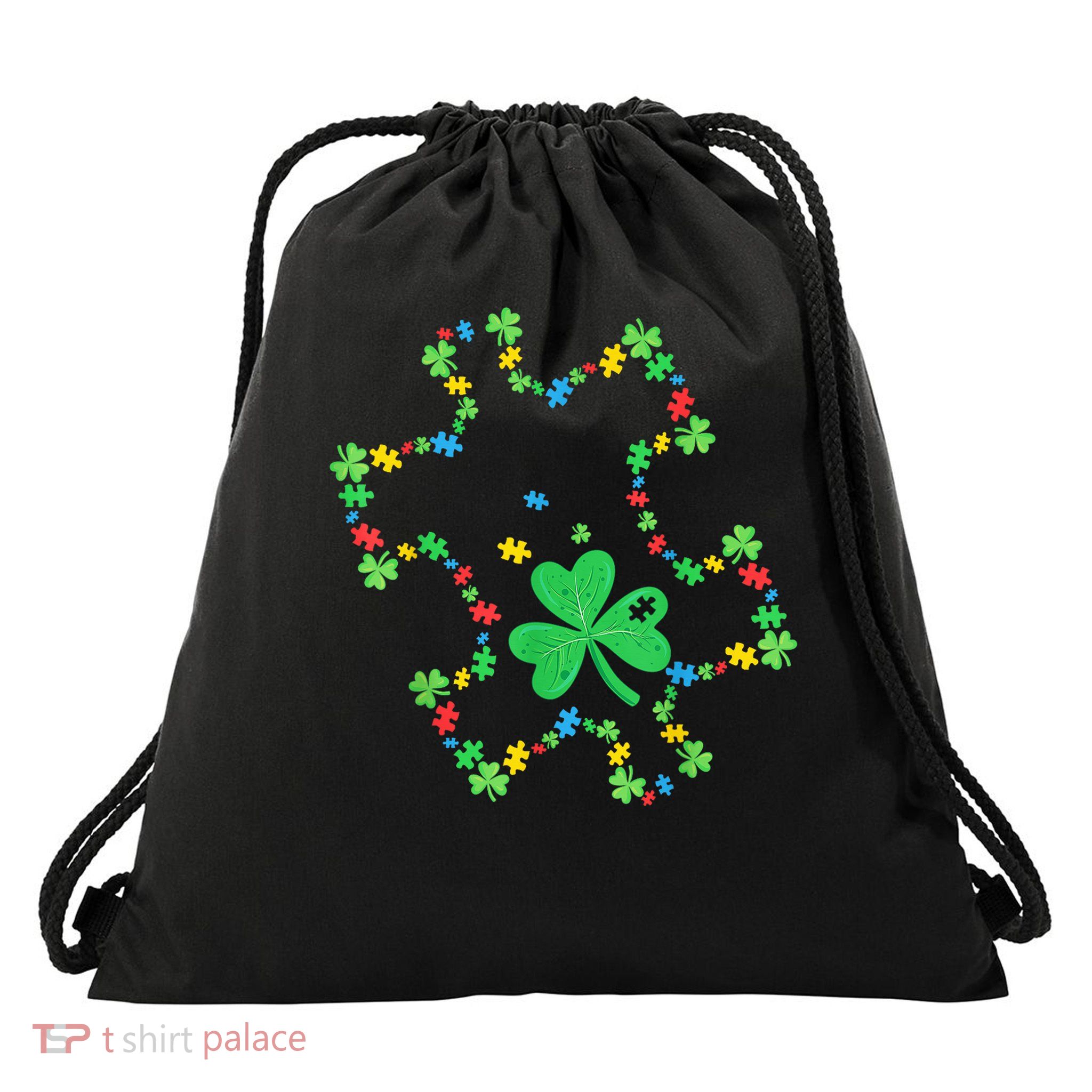 St. Patrick'S Day Autism Awareness Puzzle Piece Shamrock Drawstring Bag