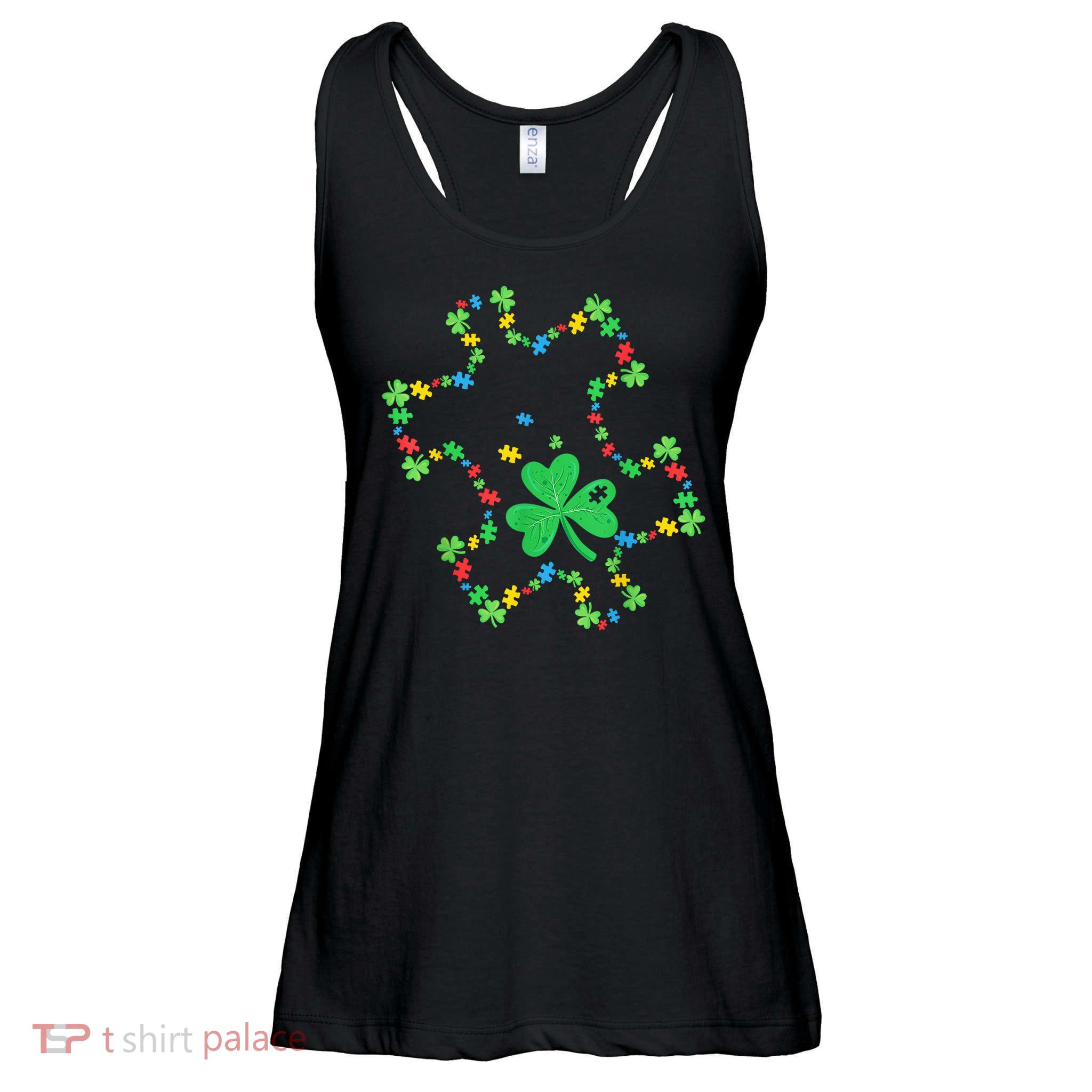 St. Patrick'S Day Autism Awareness Puzzle Piece Shamrock Ladies Essential Flowy Tank