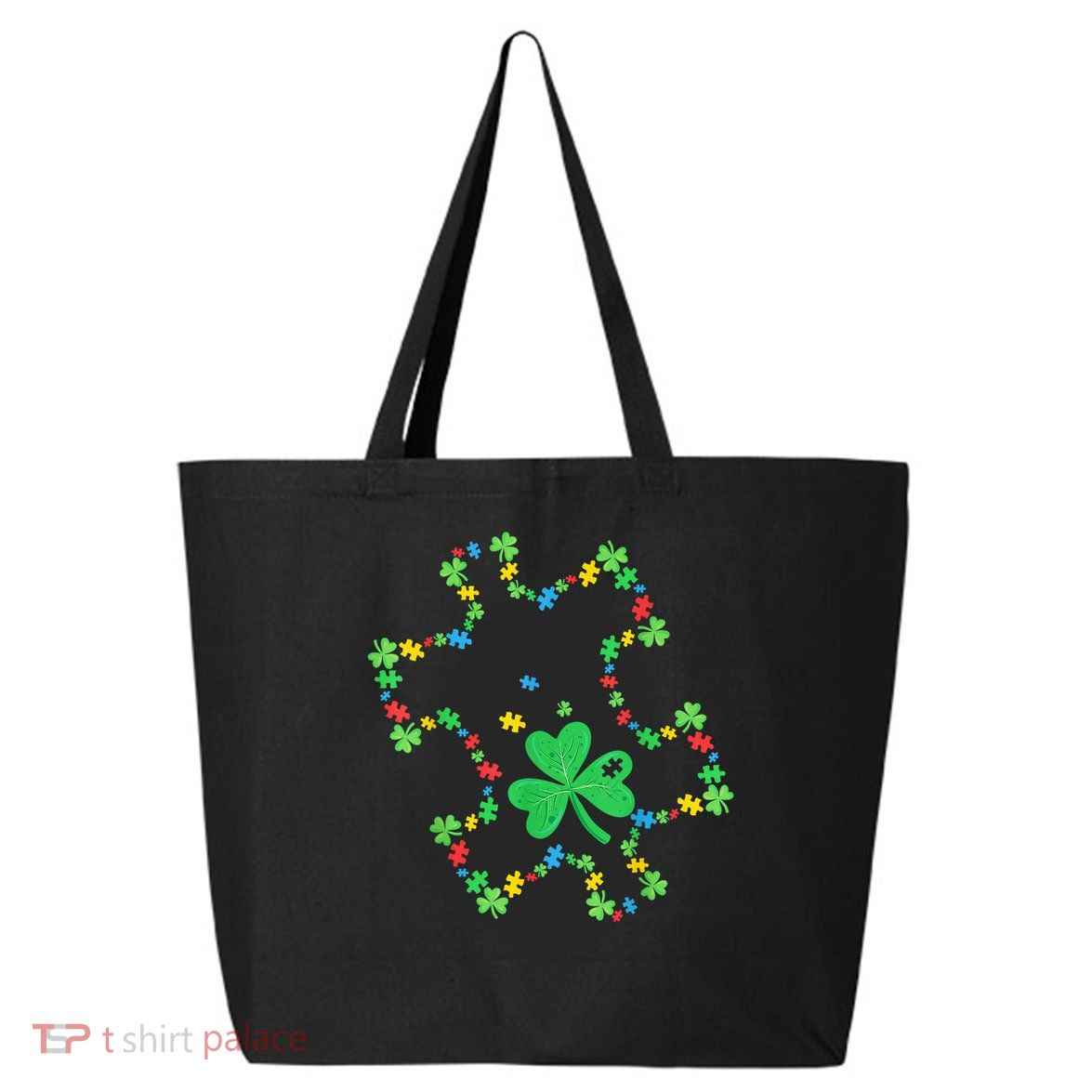 St. Patrick'S Day Autism Awareness Puzzle Piece Shamrock 25L Jumbo Tote