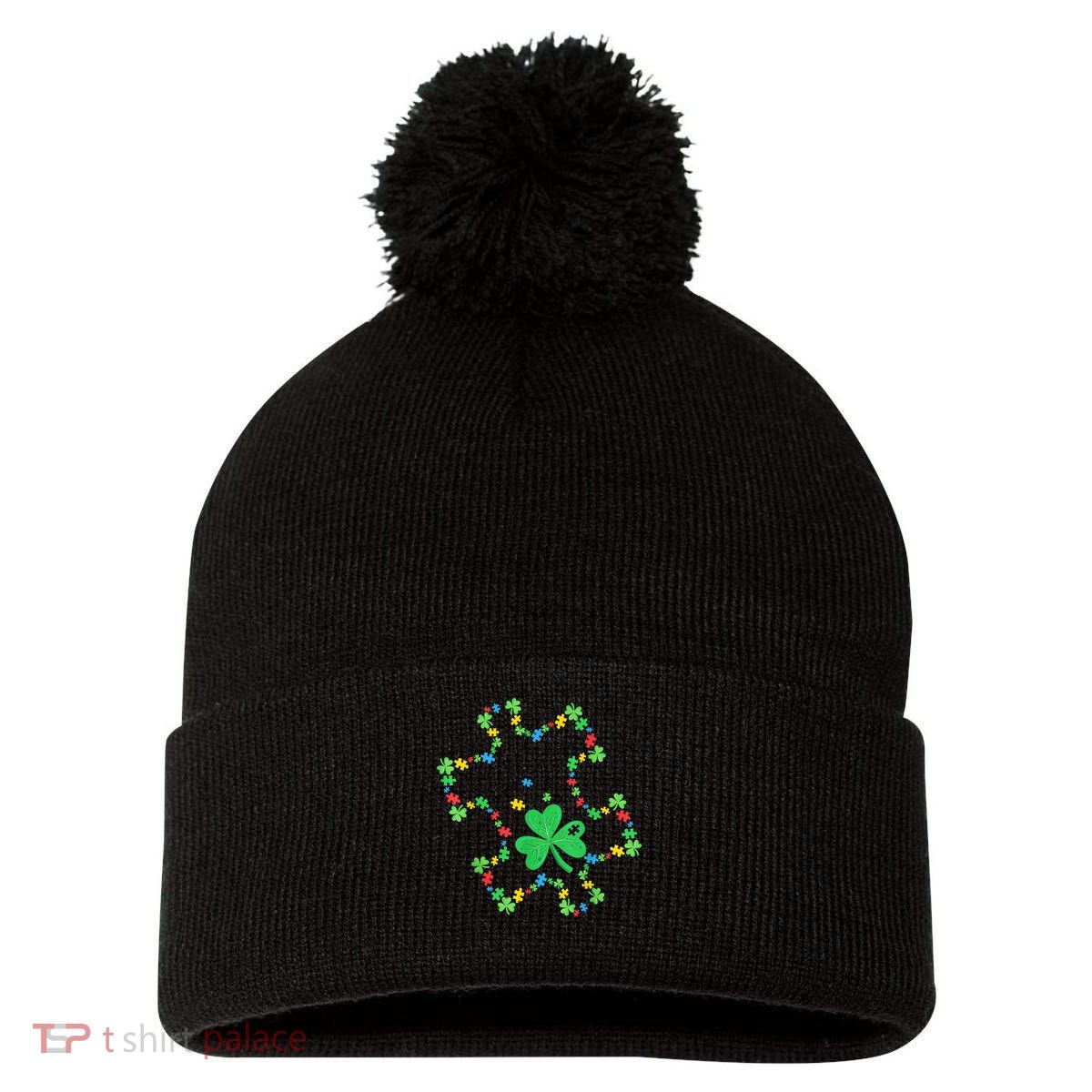 St. Patrick'S Day Autism Awareness Puzzle Piece Shamrock Pom Pom 12in Knit Beanie