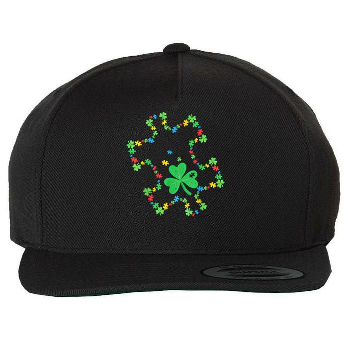 St. Patrick'S Day Autism Awareness Puzzle Piece Shamrock Wool Snapback Cap