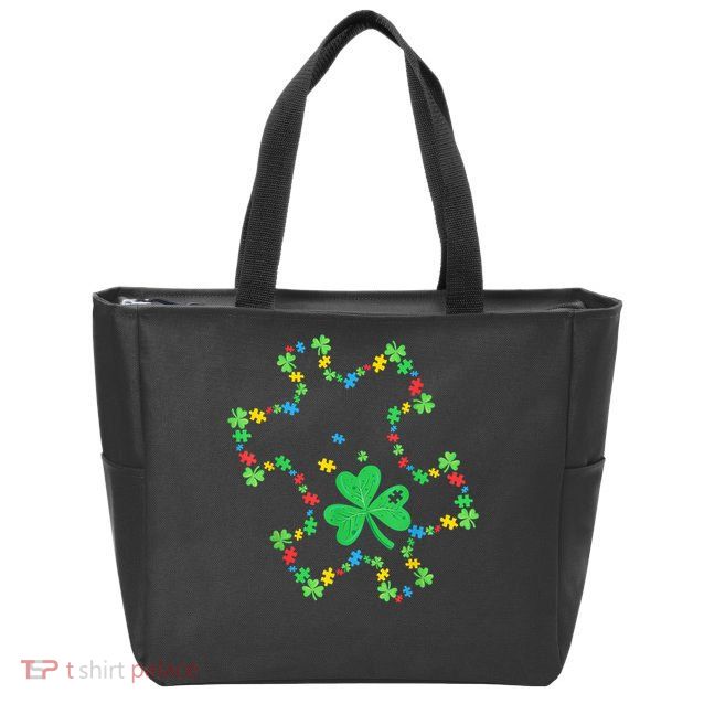 St. Patrick'S Day Autism Awareness Puzzle Piece Shamrock Zip Tote Bag