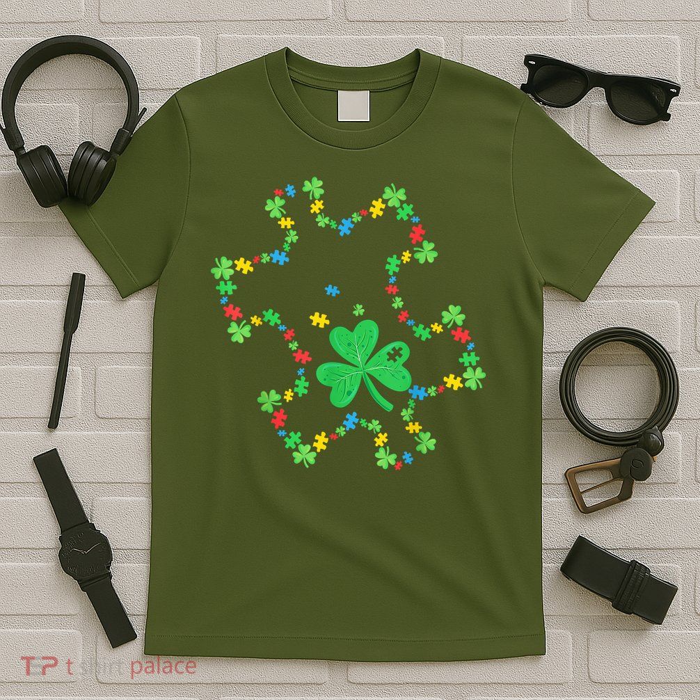 St. Patrick'S Day Autism Awareness Puzzle Piece Shamrock T-Shirt