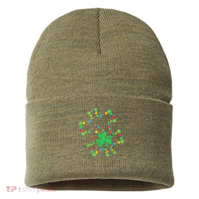 St. Patrick'S Day Autism Awareness Puzzle Piece Shamrock Sustainable Knit Beanie