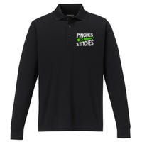 St Patricks Day Shamrock Lucky Irish Pinches Get Stitches Performance Long Sleeve Polo