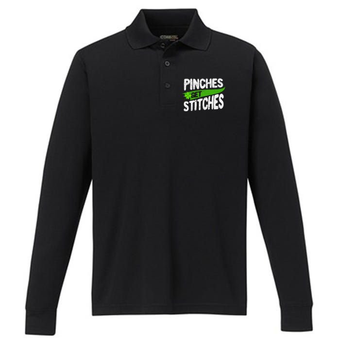 St Patricks Day Shamrock Lucky Irish Pinches Get Stitches Performance Long Sleeve Polo